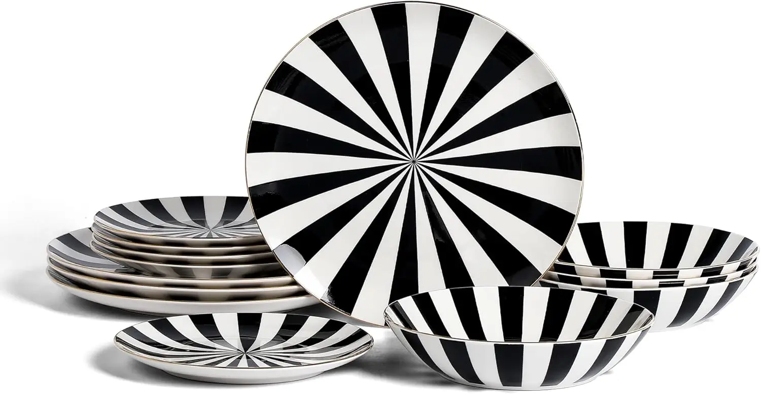 

Empire Porcelain Dinnerware, 12-Piece Plates and Bowls Set, Black and White Dish Set for 4, Gold Trim, Hand Wash Only