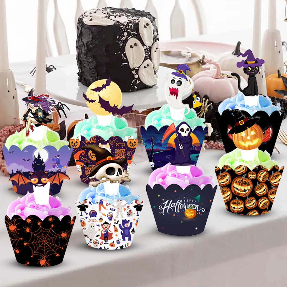 

16pcs Halloween Cupcake Wrappers Pumpkin Spiderweb Bat Ghost Toppers Cupcake Kit for Halloween Party Cake Decoration Baking Cup