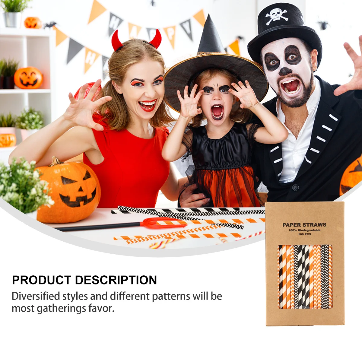 

100pcs Paper Straw Set Disposable Kraft Drinking Straws For Halloween Party Coffee Tea Cocktail Photo Prop Party Supplies