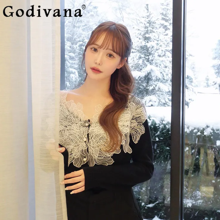 

Japanese Fashion Sweet Three-dimensional Lace Splicing Black Knit Cardigan Spring First Woman's Slim Elegant Knitted Top Sweater