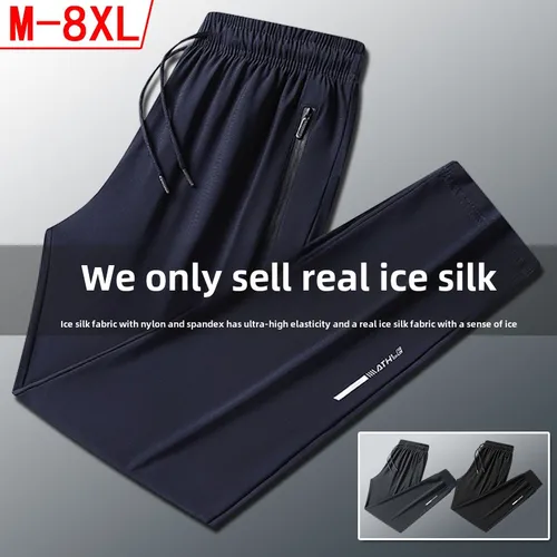 Pantalones deportivos de talla grande 8xl para hombre, pantalones de secado rápido para correr, ropa deportiva, pantalones de chándal de seda de hielo sólido, elásticos para hombre