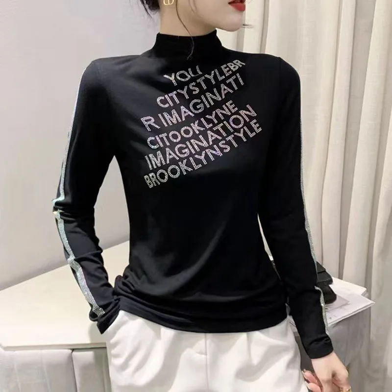 Fashion Turtleneck All-match Diamonds Letter T-Shirt Female Clothing Autumn Winter New Casual Pullovers Commuter Tee Shirt