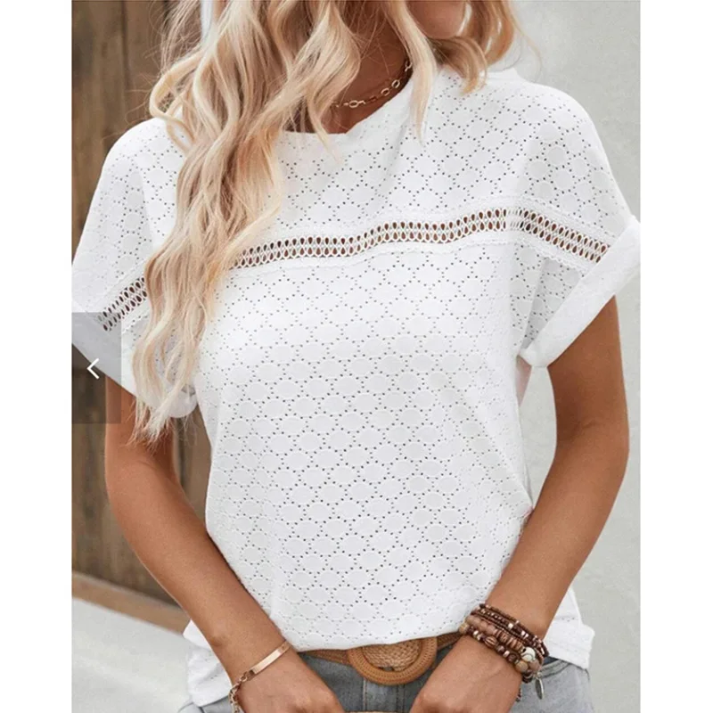 Summer Clothes for Women New Solid Hollow Out Lace Casual T-Shirt Fashion Round Neck Batwing Short Sleeve White Pullover Tops