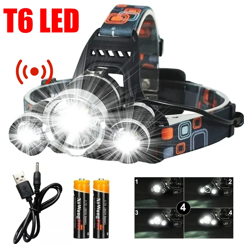 

T6 Strong Light Sensor Led Head Flashlight USB Rechargeable Headlamp with 18650 Battery Camping Fishing Outdoors Work Lights