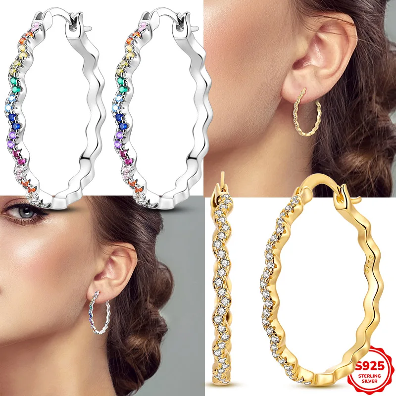 Neue Original 925 Sterling Silber Bunte Wellenförmige Damen-Creolen Große Ohrringe Verlobungs- und Hochzeitsschmuck Geschenk