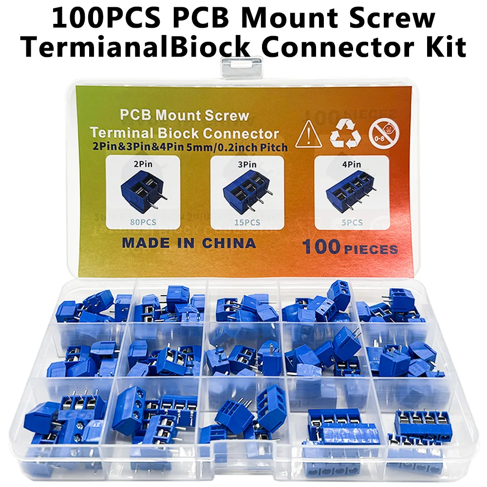 100PCS PCB Mount Screw TermianalBiock Connector Kit KF301-2P 3P 4P terminal 5.08MM post splicing plug-in PCB Kit