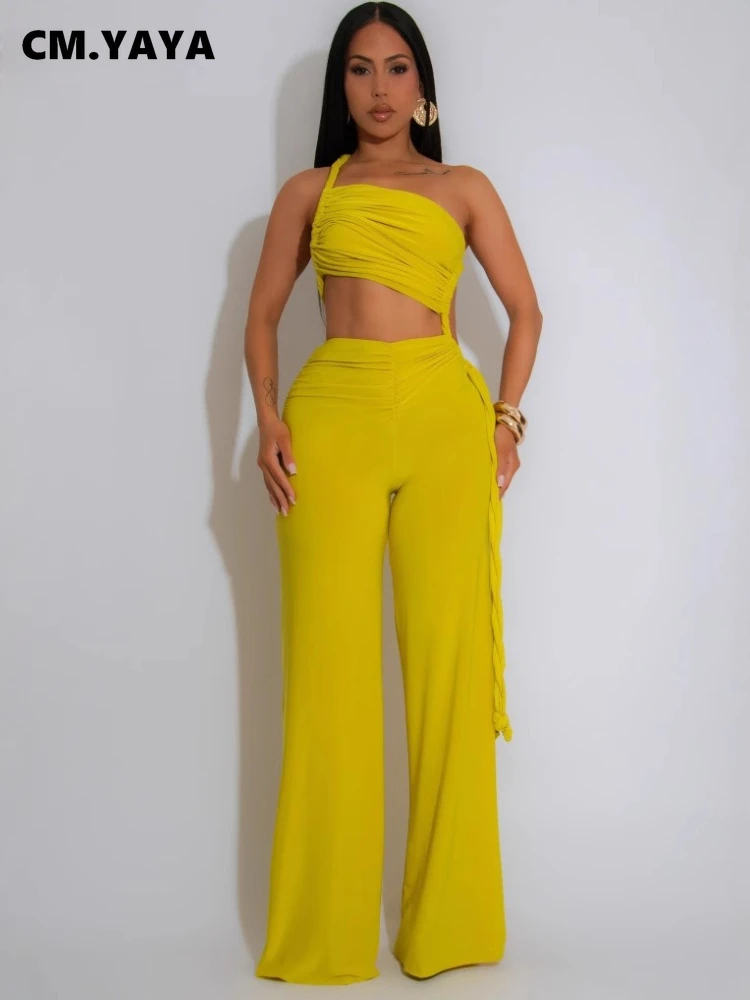 CM.YAYA Mono de mujer con cuello halter, sin espalda, con cordones, pierna ancha, fruncido, sin mangas, sexy, para verano 2025, playa, vacaciones y fiesta
