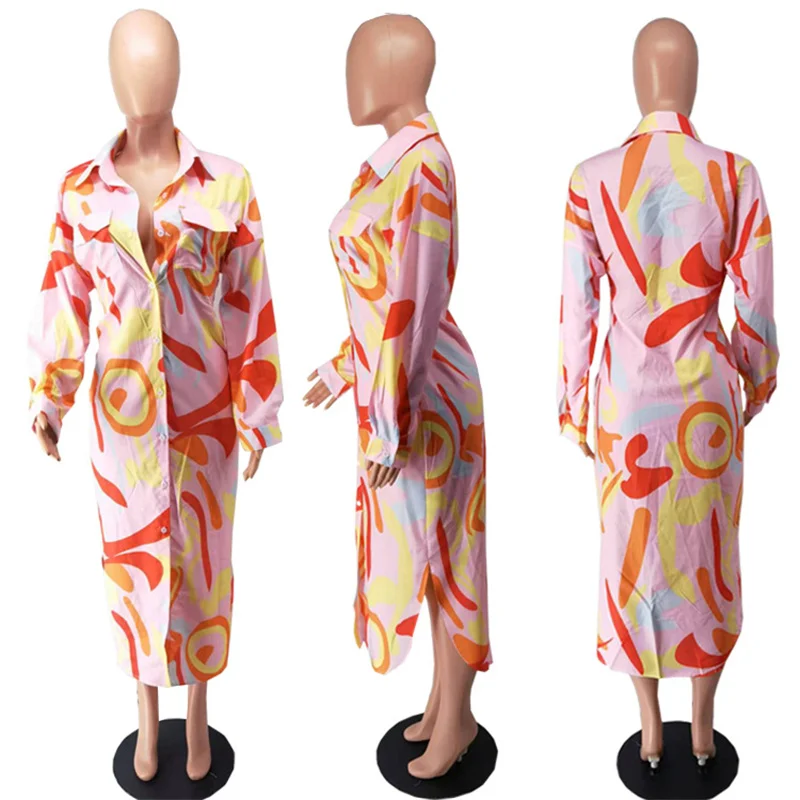 Loose Casual Floral Print Shirt Dress Women Turn-Down Collar Single Breasted Maxi Dresses Long Sleeve Party Birthday Long Dress