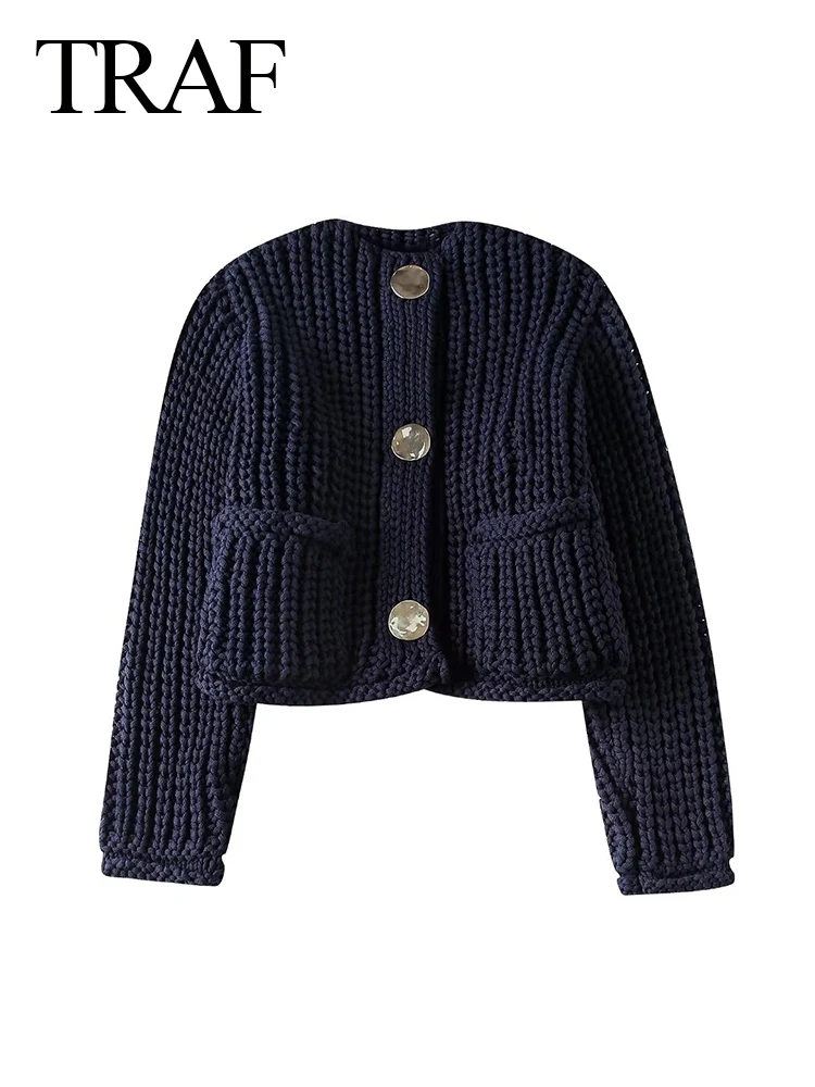 TRAF 2024 Spring Woman\'s Navy Blue Knitted Sweater Coats With Pockets Buttons Female Crop Tops Cardigan Vintage Casaul Style