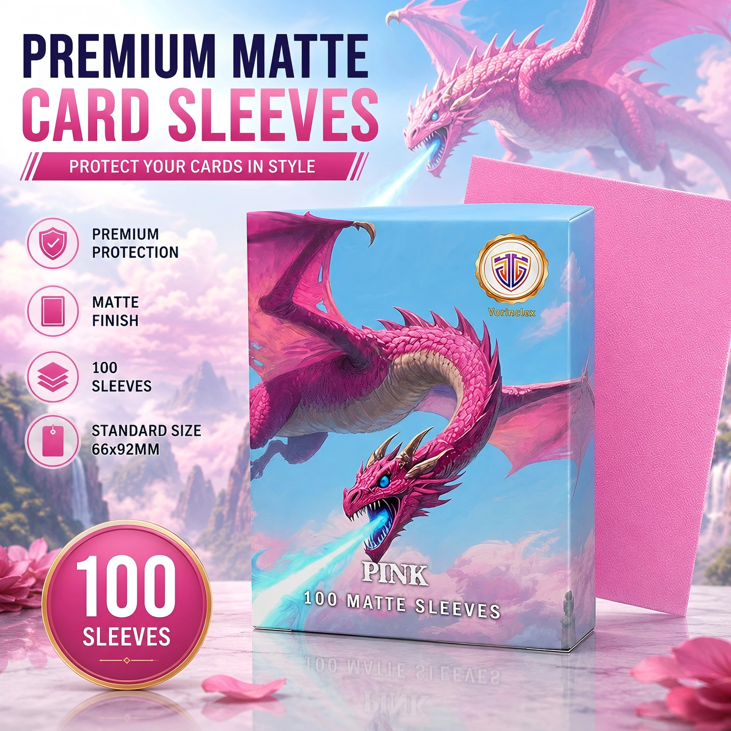100PCS 66X92MM Matte Trading Card Sleeves Game Card Sleeves Standard Size Card Protector for PTCG/MGT (Pink)