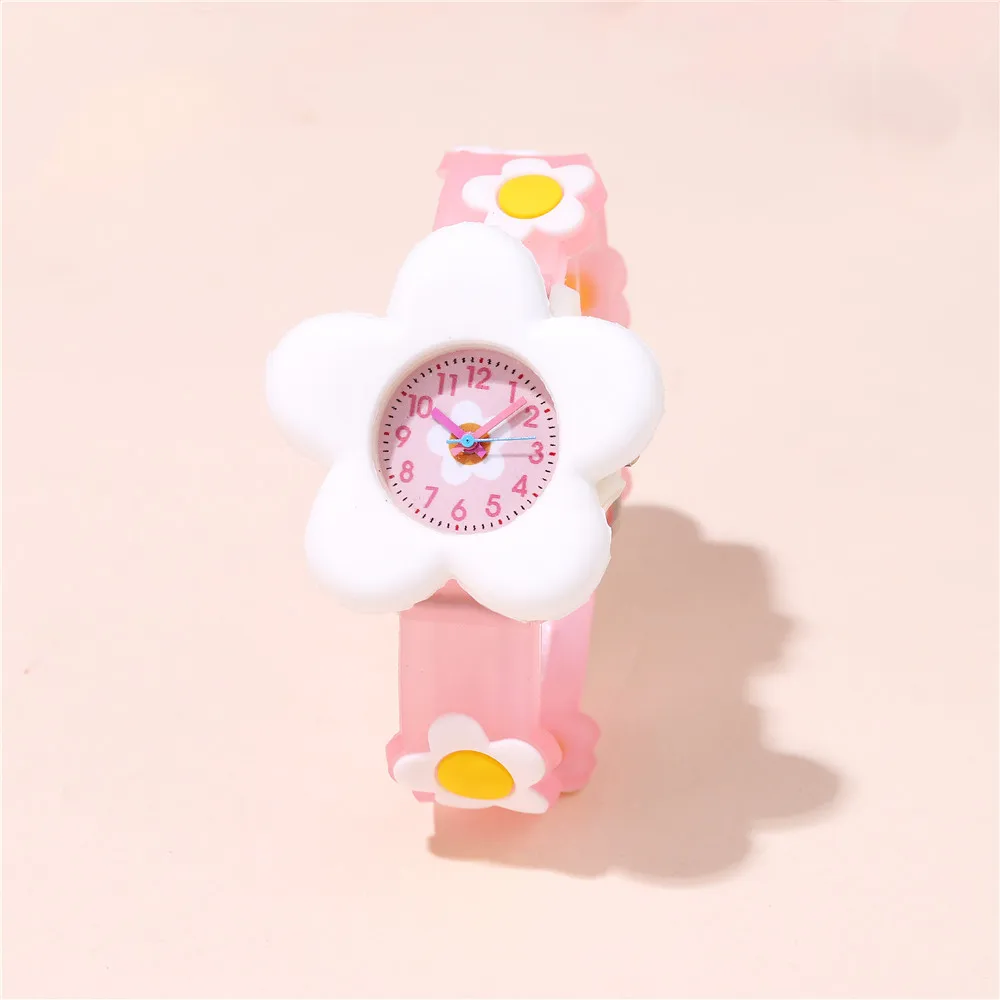 Pink Flowers Dial Cute Girls Watch For Children Soft Strap Wristwatch For Student