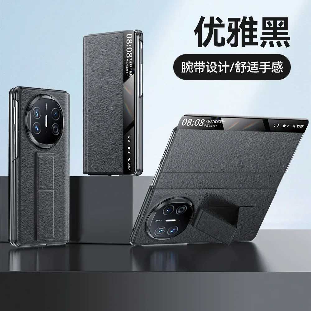 Luksusowa klapka z matowej skóry do etui Huawei Mate X6 Magnetyczny uchwyt na nadgarstek Inteligentne okno Odporny na wstrząsy futerał ochronny Akcesorium