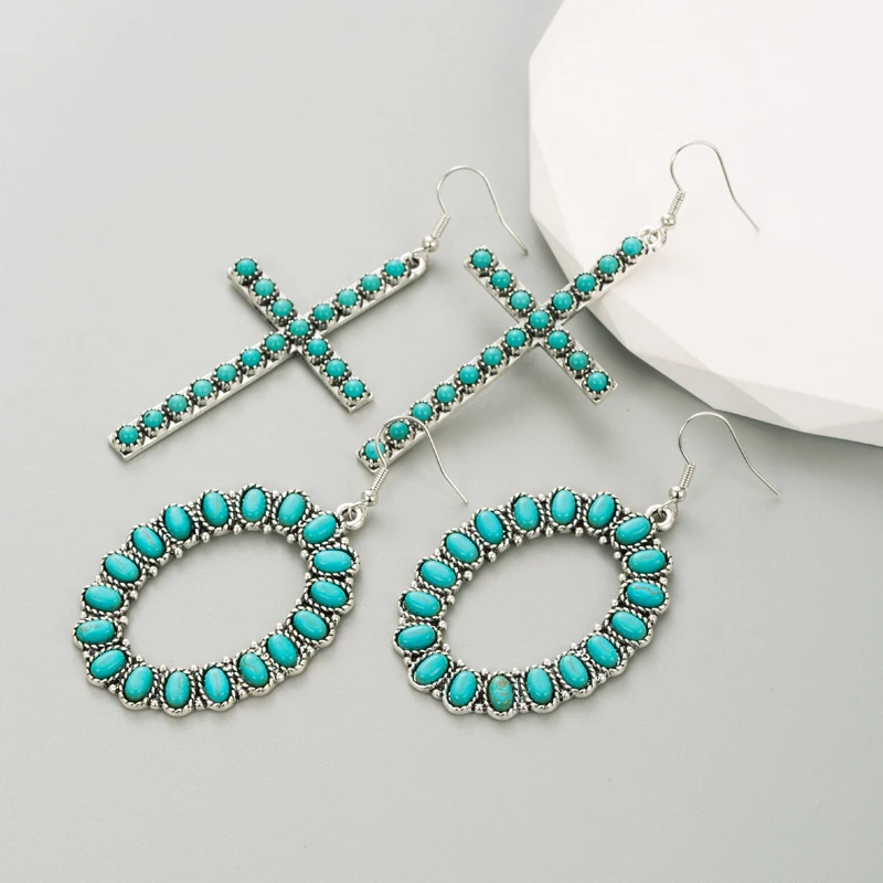 أقراط رائجة البيع، مجموعة سبائك مبالغ فيها مع أقراط متقاطعة فيروزية، شخصية أنثوية، أقراط مزاجية عالية الجودة #1