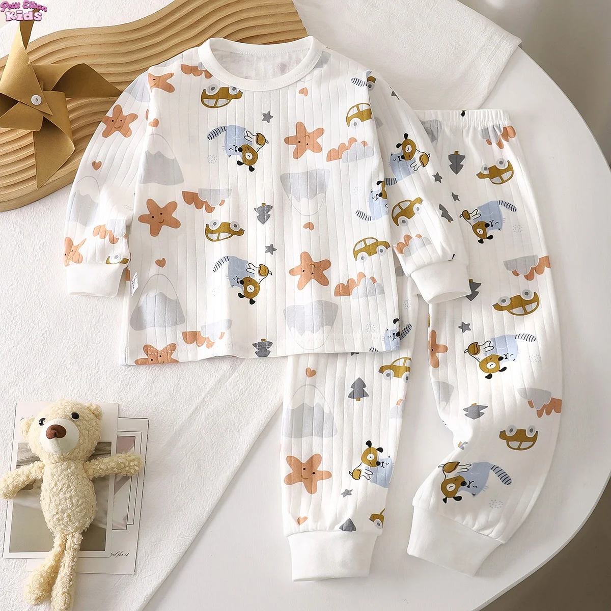

Children's Top and Bottom Clothes Set 1-8Y Kids Girls Boys Cotton Cartoon Pajama Set Long Sleeve Top and Pants Soft Loungewear