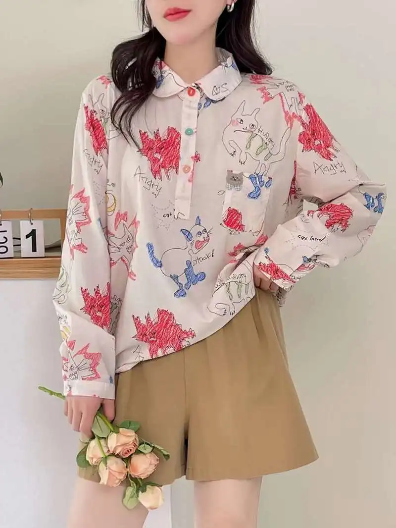 New Autumn Cotton Long Sleeve Shirts, Women Lapel Cartoon Cat Tops, Mori Girl Loose Sweet Casual Blouses, 2024 Winter T48689QC