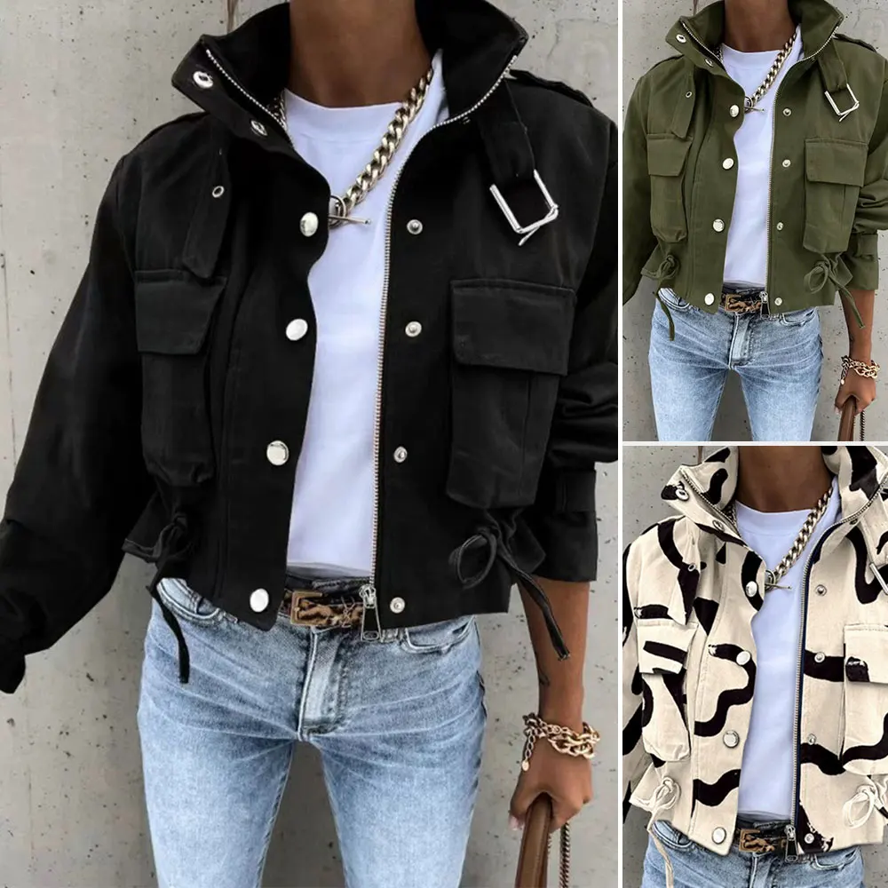 

Women‘s Autumn Jackets 2025 Chic Utility Style Lightweight Stand Collar Jacket Metallic Zipper Detail for Urban Daily Wear