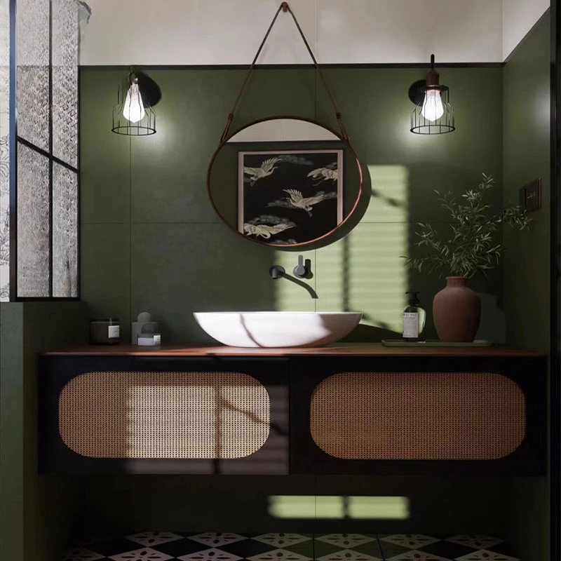 Armario de baño de madera maciza de pizarra, combinación de lavabo de baño de ratán retro negro inteligente