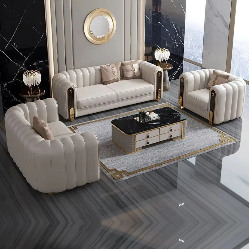 Modern imitation leather sofa set, light gold embellishment, living room furniture
