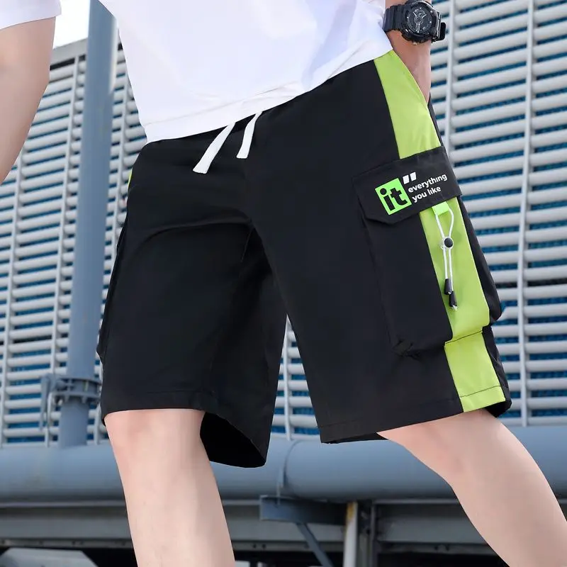 

Splicing Male Short Pants Multi Pocket Contrast Color Men's Cargo Shorts Black Elastic Waist Comfortable Summer Strech Beautiful