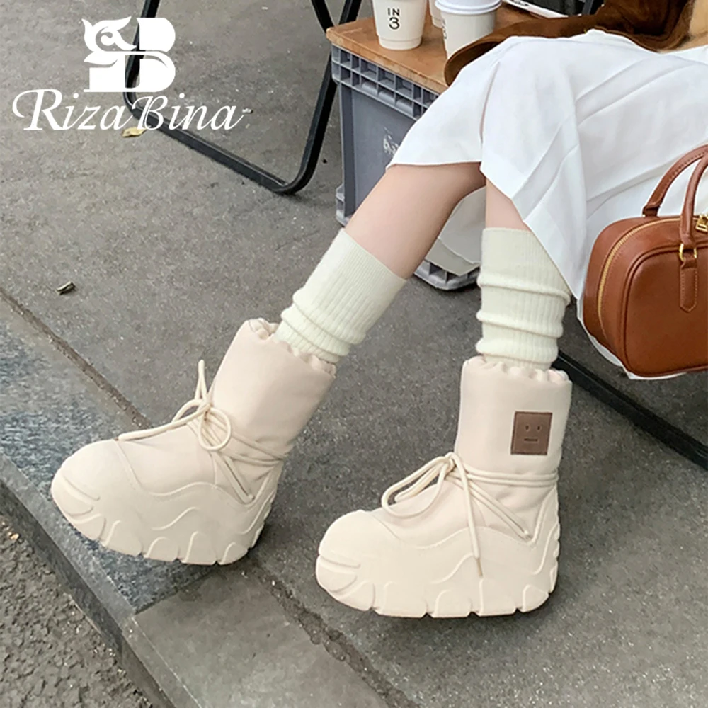 

RIZABINA Winter Women Snow Boots Warm Plush Round Toe Thick Bottom Daily Short Boots Ladies Fashion Lace-up Design Causal Boots