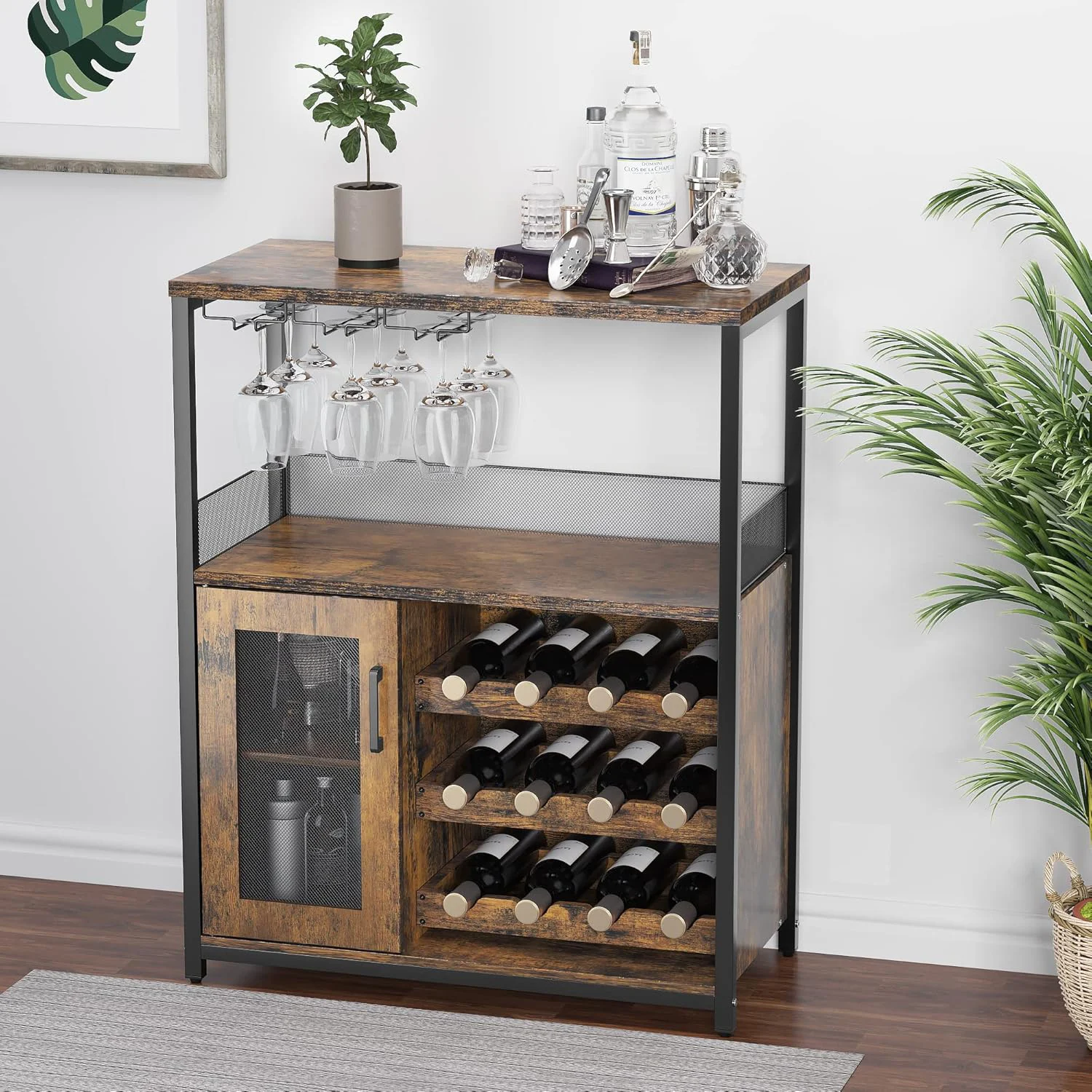 Aparador Industrial, mueble para Buffet, mueble para vino con gran espacio de almacenamiento, estante desmontable con soporte para vidrio y puerta de malla