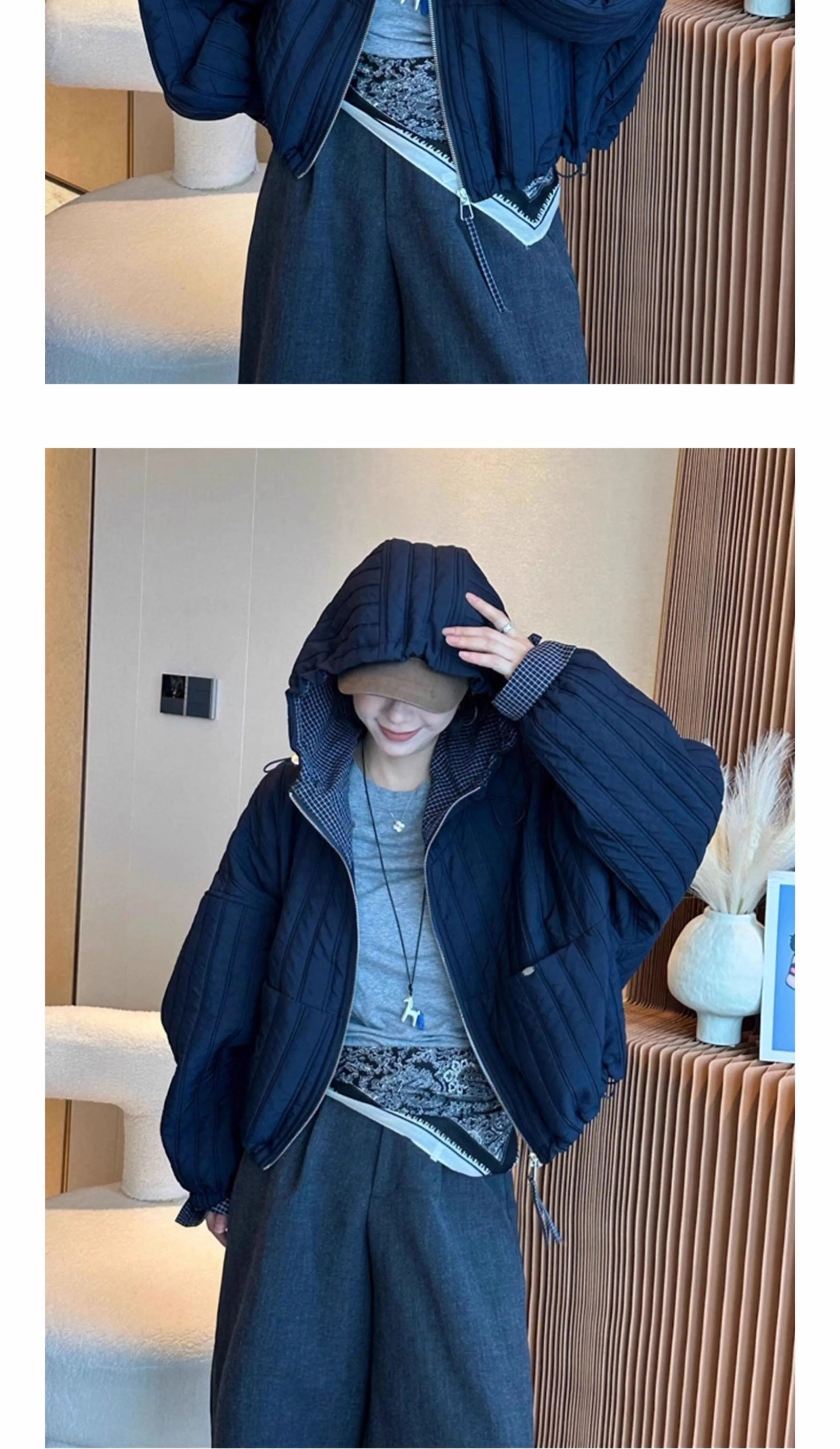 Korean Loose Hooded Plaid Patchwork Quilted Coat for Women Autumn Winter Casual Cotton Padded Jacket Women Zip Up Cropped Parkas