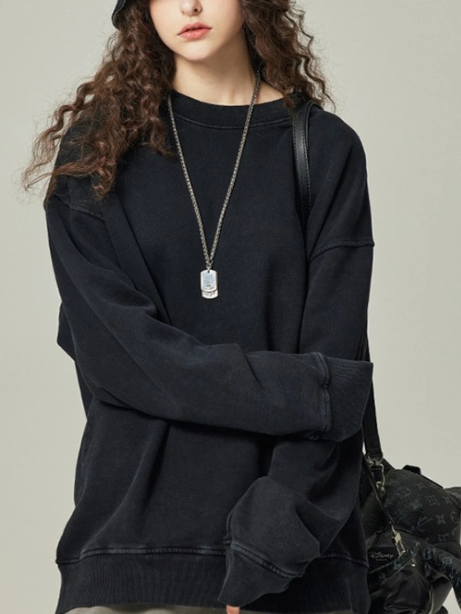 CHICEVER Zwart gesplitst plooien sweatshirt vrouwelijk O-hals met lange mouwen losse vintage streetwear damessweatshirts herfstmode