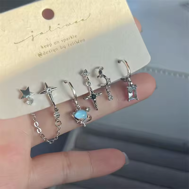 6PCS SET Goth Punk Crystal Moon Cross Star Pendant Earrings For Men Women Grunge Y2K Vintage Aesthetic Jewelry Accessories - AliExpress 