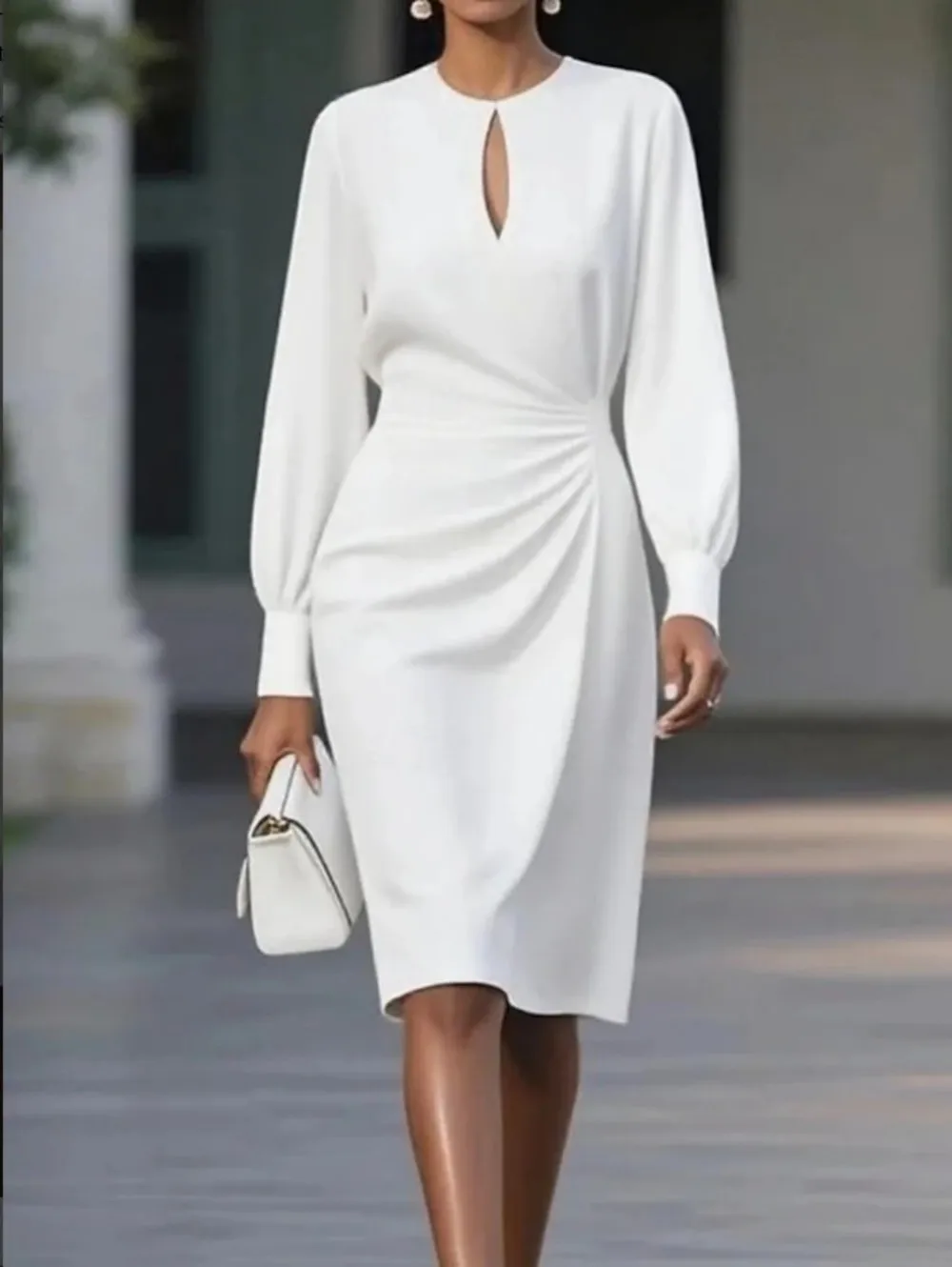 

Petite Round Neck Elegant Formal Dress Long Sleeve Waist-Cinching Sheath Midi Party Dress Solid Color Custom Wedding Guest Dress