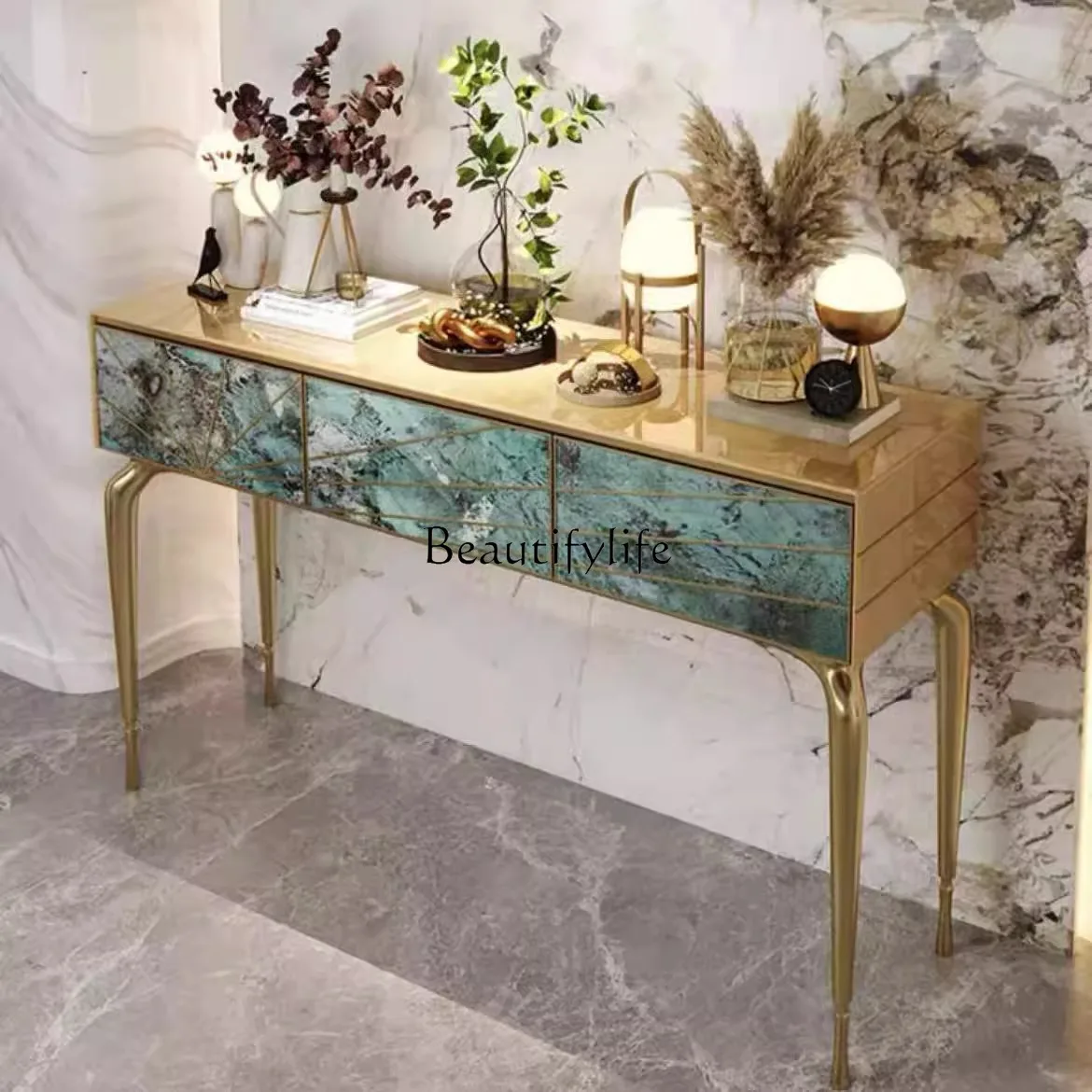 

Italian-style entrance door cabinet light luxury high-end marble strip case simple display cabinet