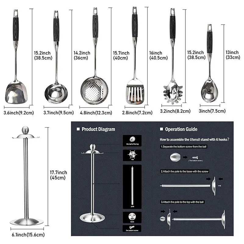 6/7 قطع من أدوات المطبخ المصنوعة من الفولاذ المقاوم للصدأ، أدوات الطبخ بمقبض خشبي - ملعقة مغرفة مقشدة، مصفاة خادم ملعقة #2
