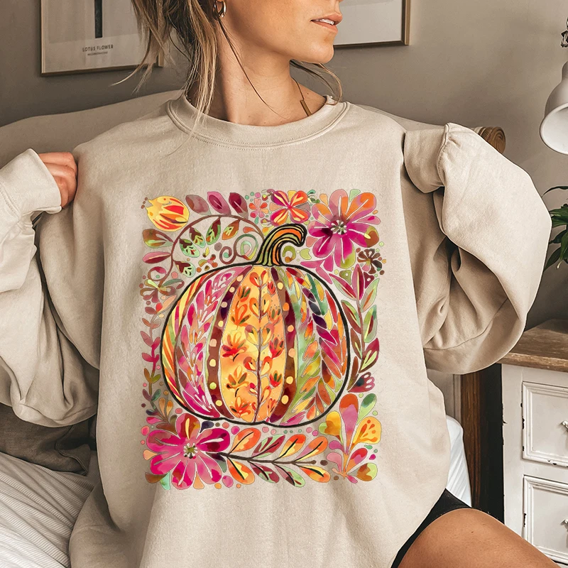 

Осенние толстовки с тыквой и цветочным принтом на Хэллоуин для женщин, модные пуловеры с круглым вырезом и длинными рукавами, женские толстовки большого размера с графикой