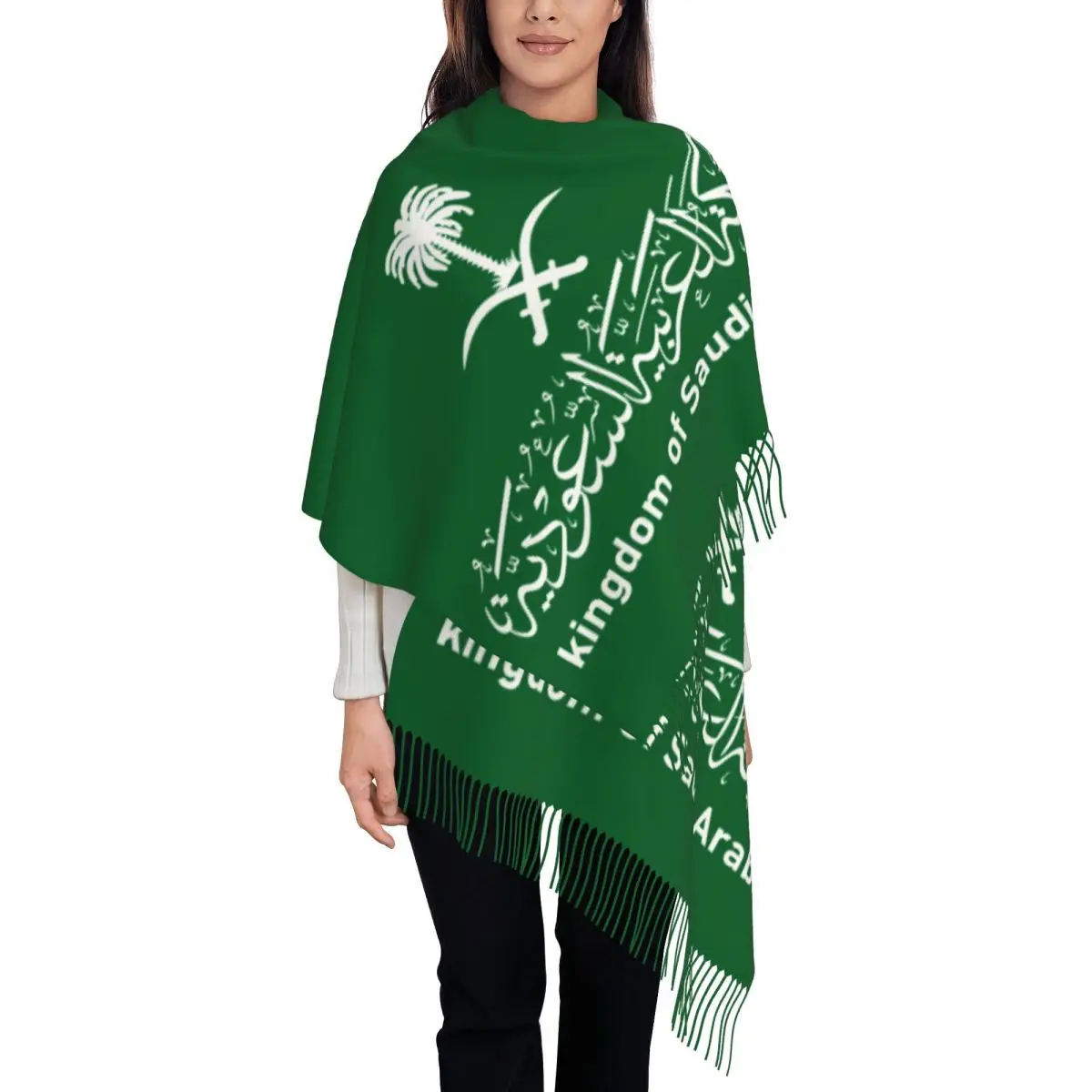 Custom Kingdom Of Saudi Arabia Tassel Scarf Women Soft Arabic Calligraphy Emblem Shawls Wraps Female Winter Scarves