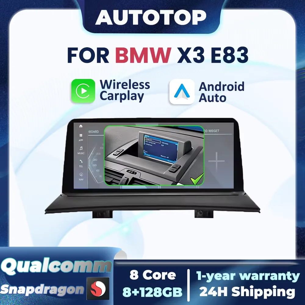 Autoradio Qualcomm 8 cœurs 8+128 Go avec CarPlay sans fil, Android Auto, écran multimédia pour BMW X3 E83 2003-2011, navigation GPS, AUX, écran tactile