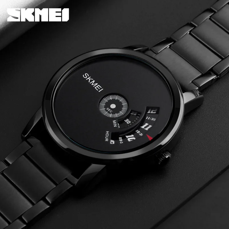 SKMEI Black Stainless Steel Watches for Men Creative No Pointer Dial Waterproof Quartz Wristwatch Fashion Business Men\'s Watch