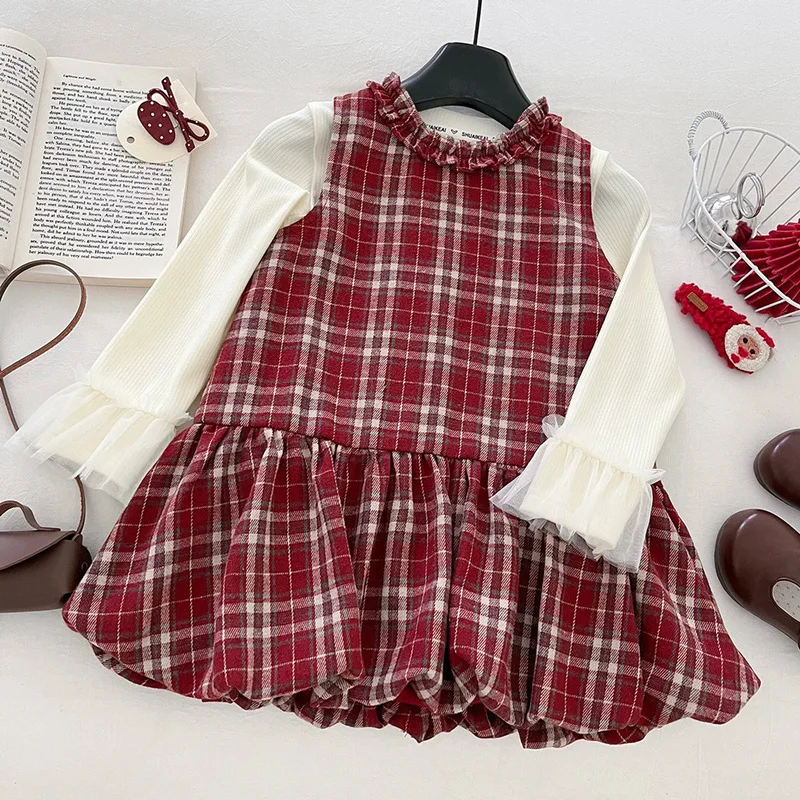 Girls' New Autumn College-Style Plaid Bud Dress and Base Shirt Two-Piece Set