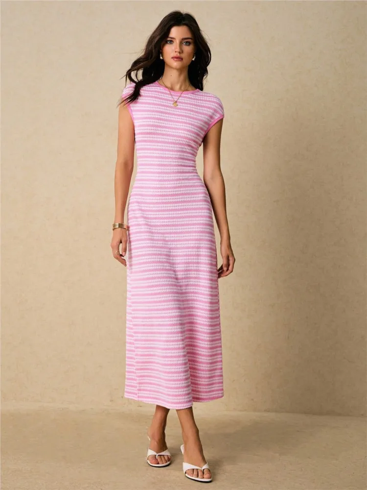 

Summer Fashion Striped Slim Long Dress Women's Casual Color Blocked Bodycon Round Neck Short Sleeved Party Dresses Vestidos