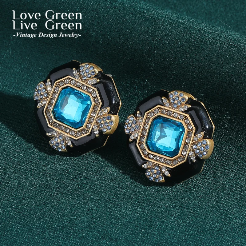 

Vintage Round Square Crystal Earrings For Woman Stud Luxury Aquamarine Black Enamel Accessories Wedding Trendy Jewelry 2025 New