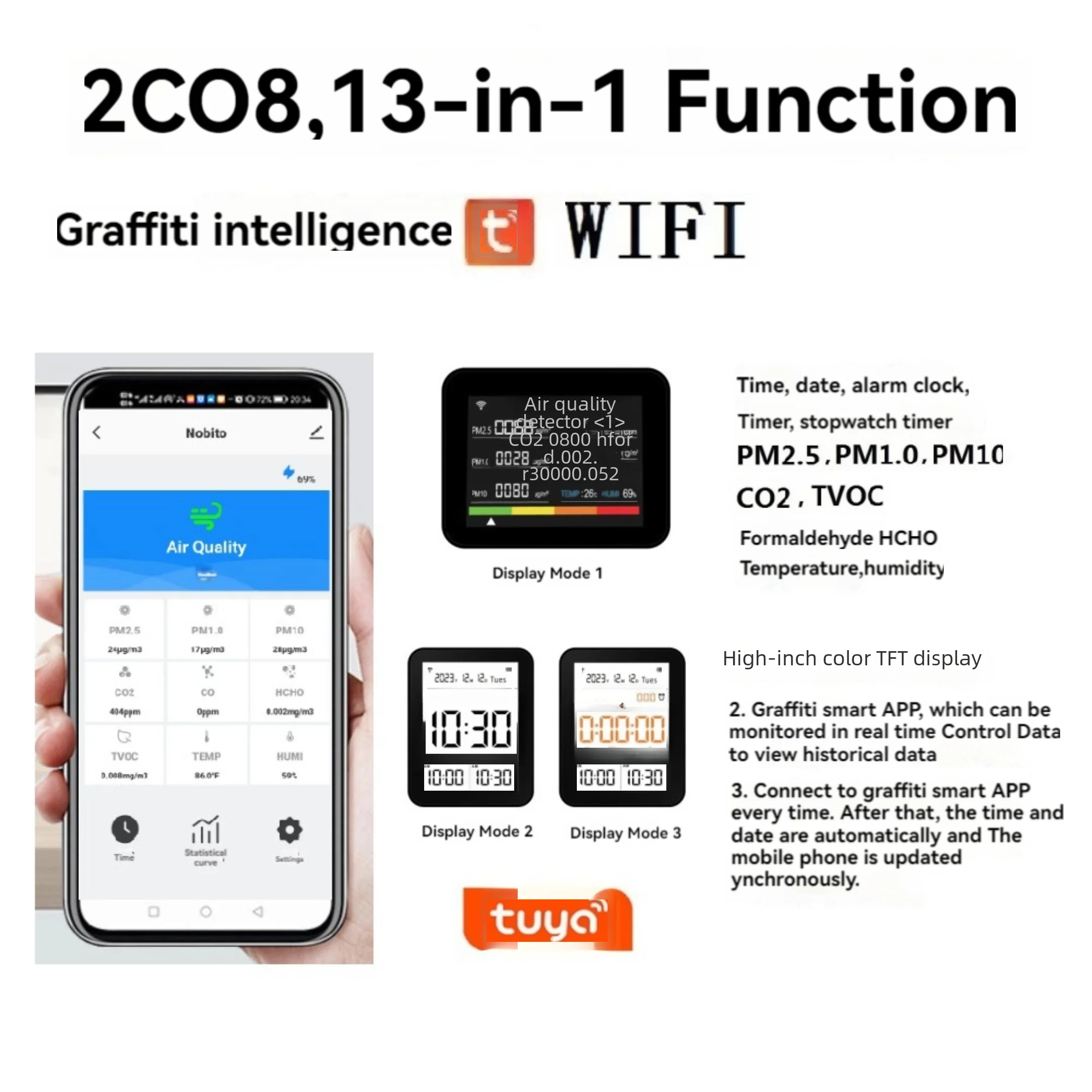 13 In 1 Tuya WIFI Smart Air Quality Detector Carbon Monoxide/ Dioxide, Formaldehyde Detection APP Control Real-time Monitoring