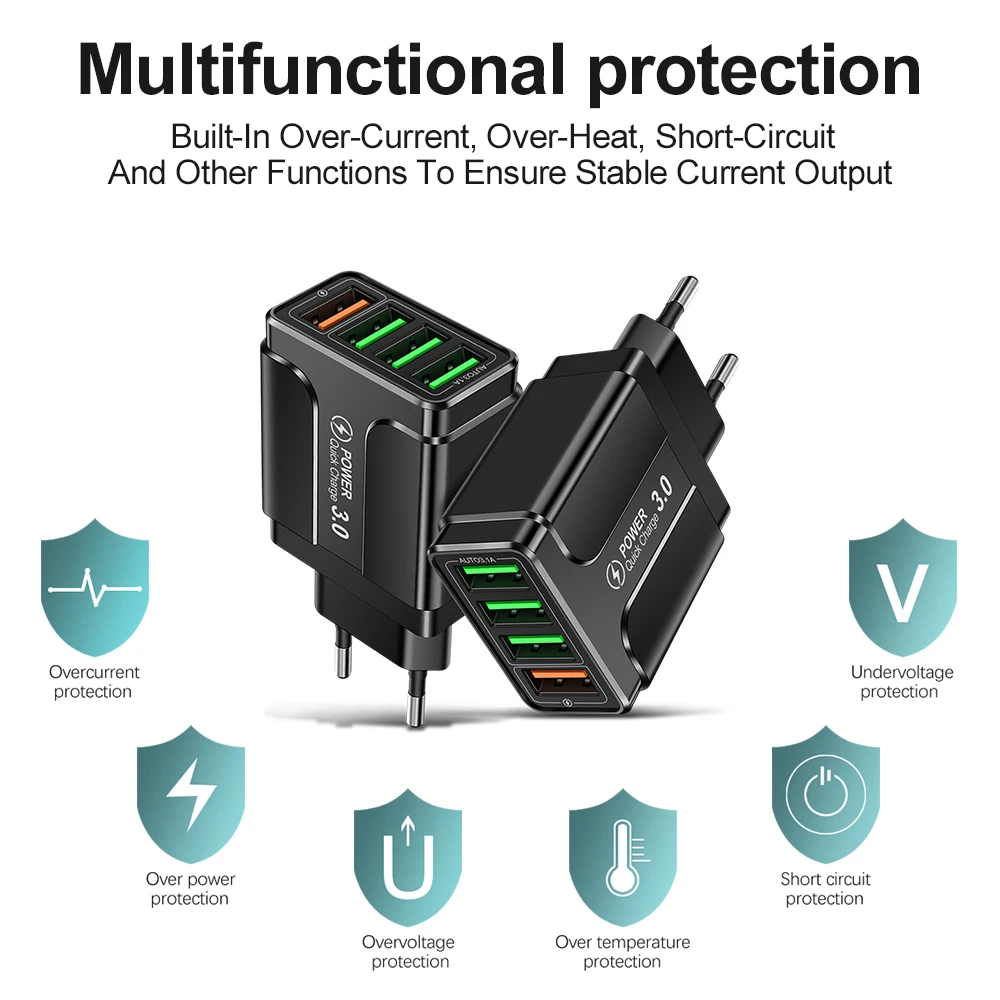 5.1A QC3.0 USB A شاحن متعدد المنافذ 4 في 1 USB شحن سريع شاحن محمول شحن سريع محول الطاقة الجدار USB شاحن #5