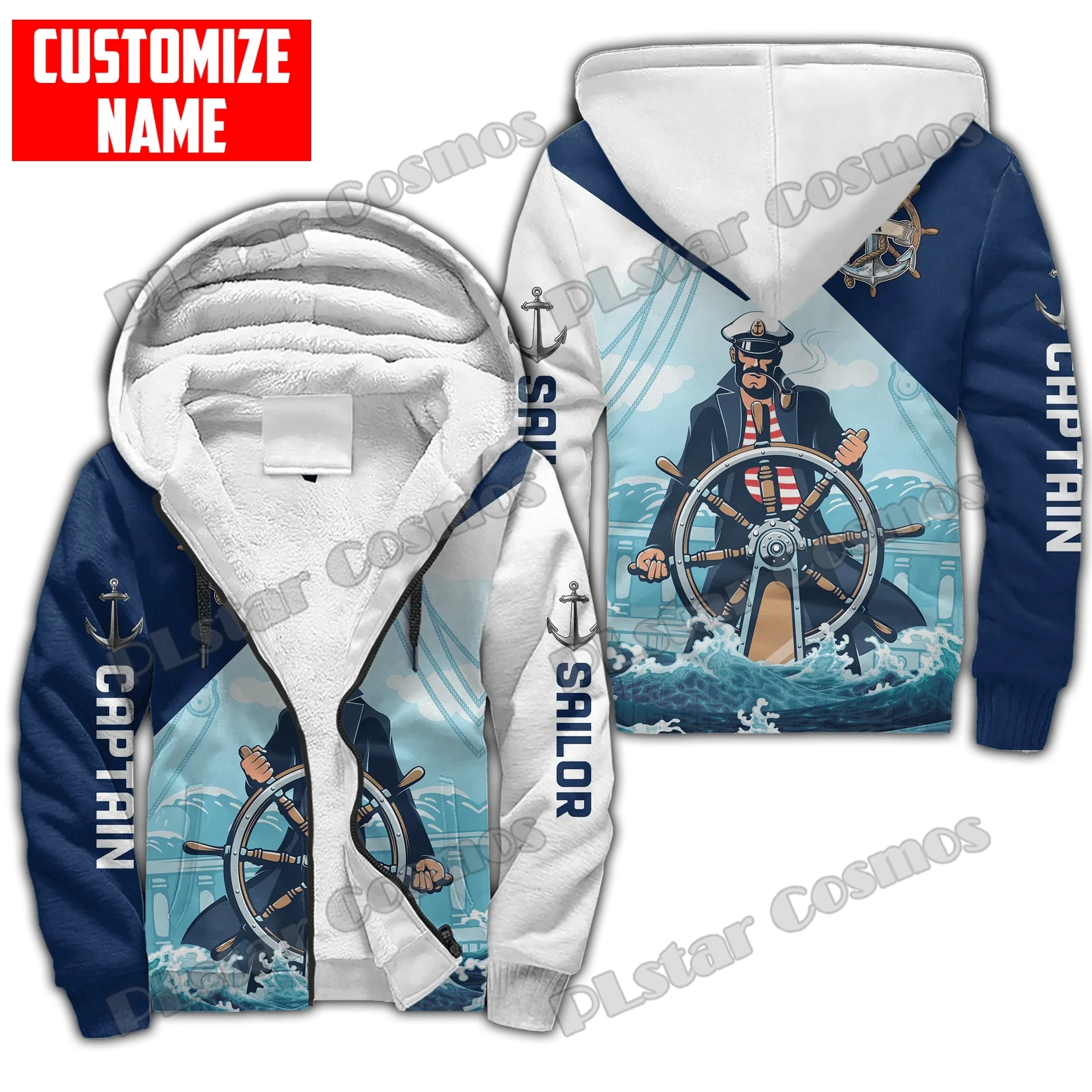 

Customized Name Captain Sailor 3D Printed Fleece Zip-Up Hoodies For Men Women Winter Casual Thick Warm Hooded zipper jacket JR20