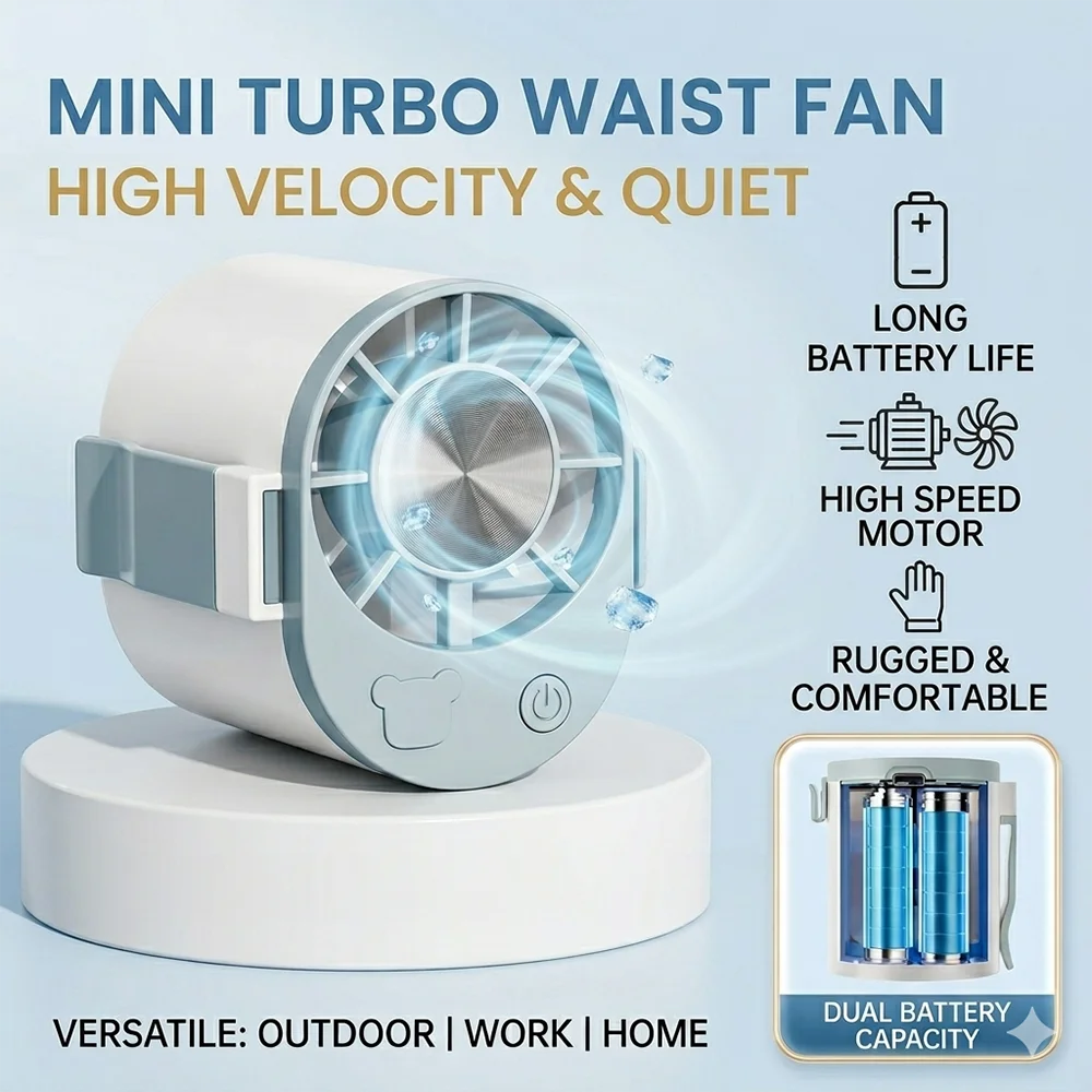 Portable Waist Fan Rechargeable Hands-Free Clip-on Fan 3-Speed Quiet Cooling Blower for Outdoor Working Camping Travel Summer