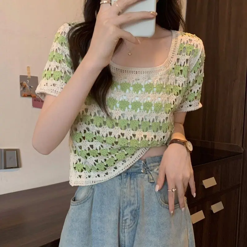 Hollow Striped Loose Knitted Fashionable Top with Small Fragrance Style Short Sleeves