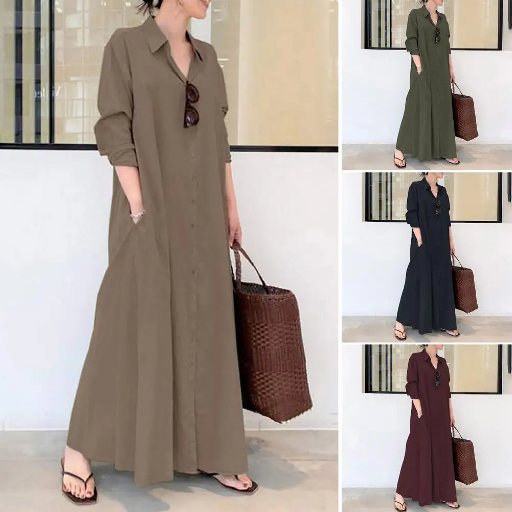 Vestido maxi de botão para cima feminino com bolsos, vestido de lapela, estilo retrô casual, camisa elegante com gola virada para baixo, primavera