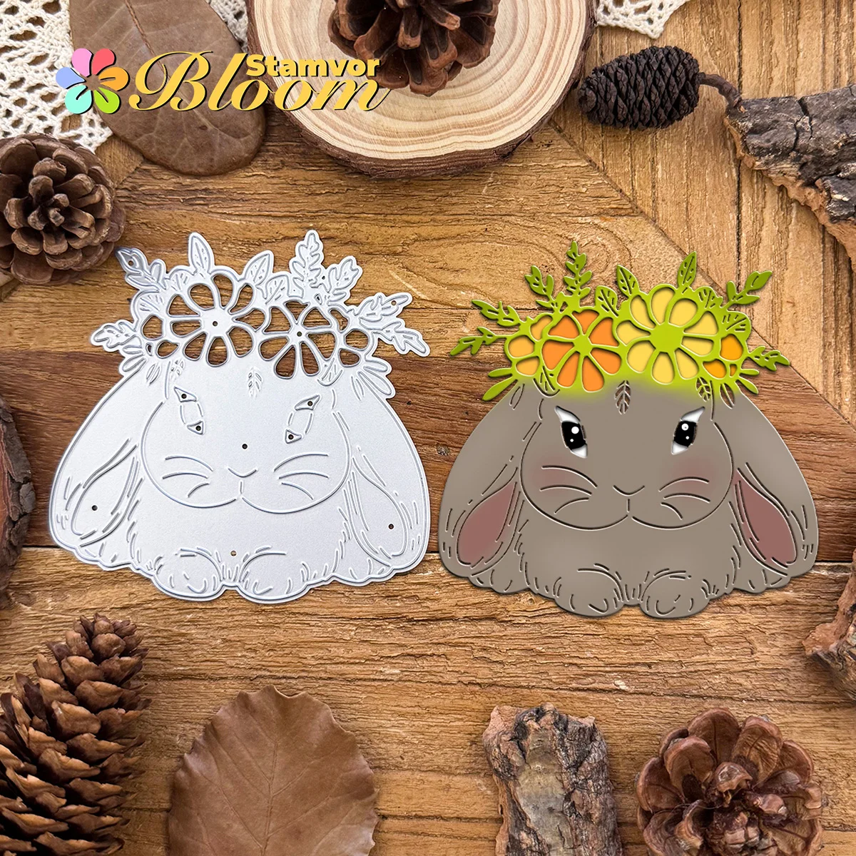 Original schönes Kaninchen mit Blumenkranz, Metall-Stanzformen, Scrapbooking, dekorative Prägung