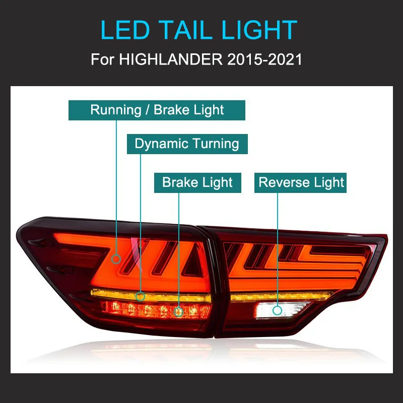 Światło tylne LED montaż dla Toyota Highlander 2015-2017 Taillight Plug and Play Running dynamiczne włączanie światła tylne hamulca