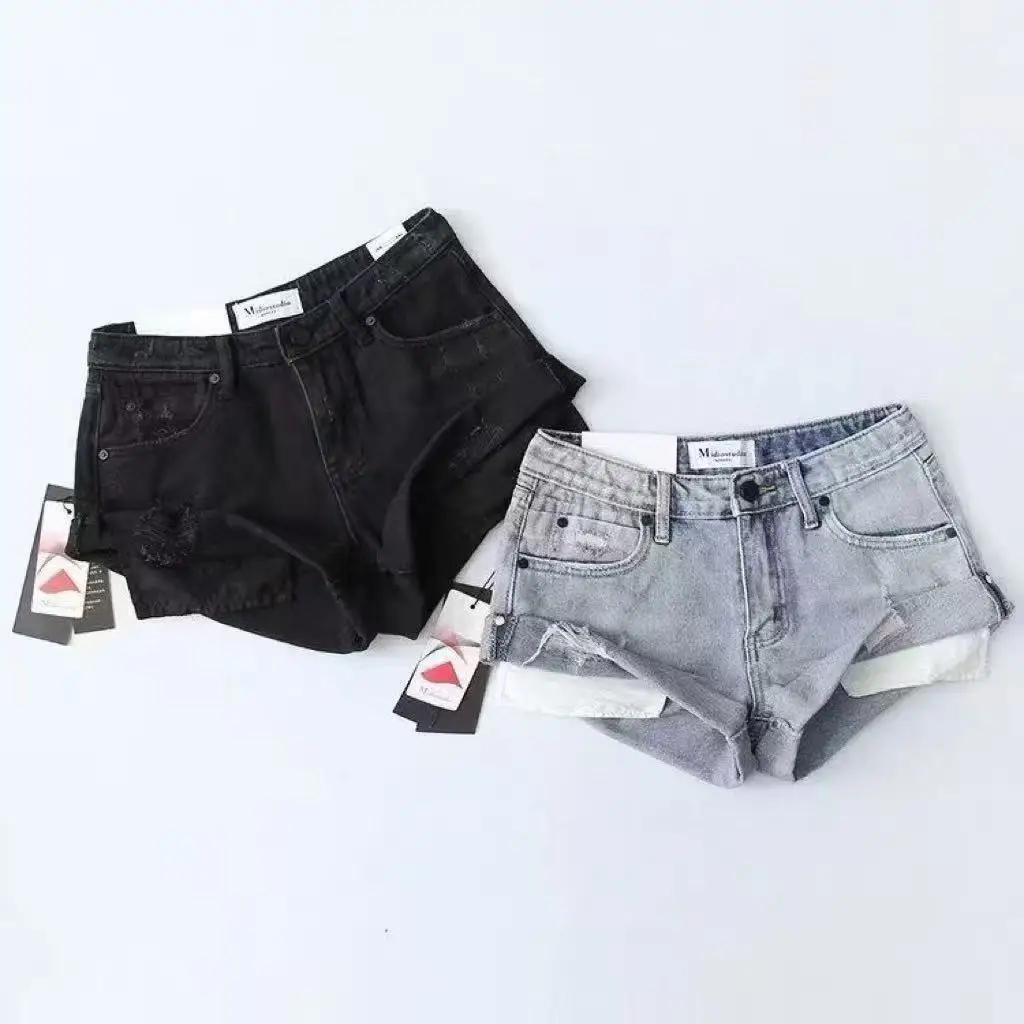 Y2K Ripped Denim Shorts, Rolled Hem High Waist Hot Pants, Vintage Washed Streetwear 2 Colors for Women