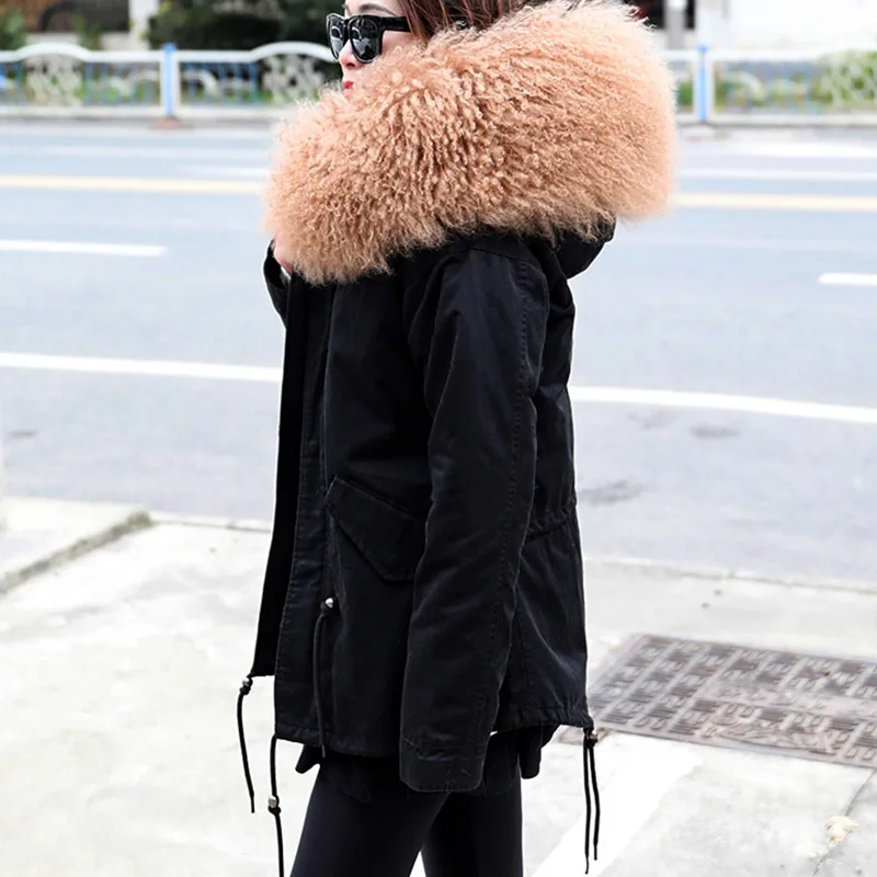 MAOMAOKONG 2023 winter Women's jacket bomber Real fur coat women coats short natural Mongolia wool fur collar rabbit liner Parka