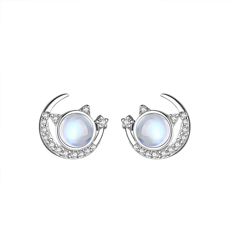 RYJU Korean Light Luxury Zircon Moon Star Kitten Stud Earrings For Women 925 Sterling silver Sweet  Animal Earrings Fine Jewelry