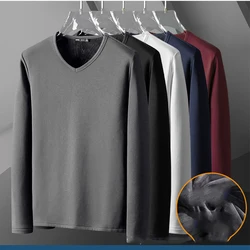 Men's Cotton V-neck Plush Warm Long Sleeved T-shirt Business Warm Bottoming Shirt Underwear Autumn Winter Men Solid Pullover